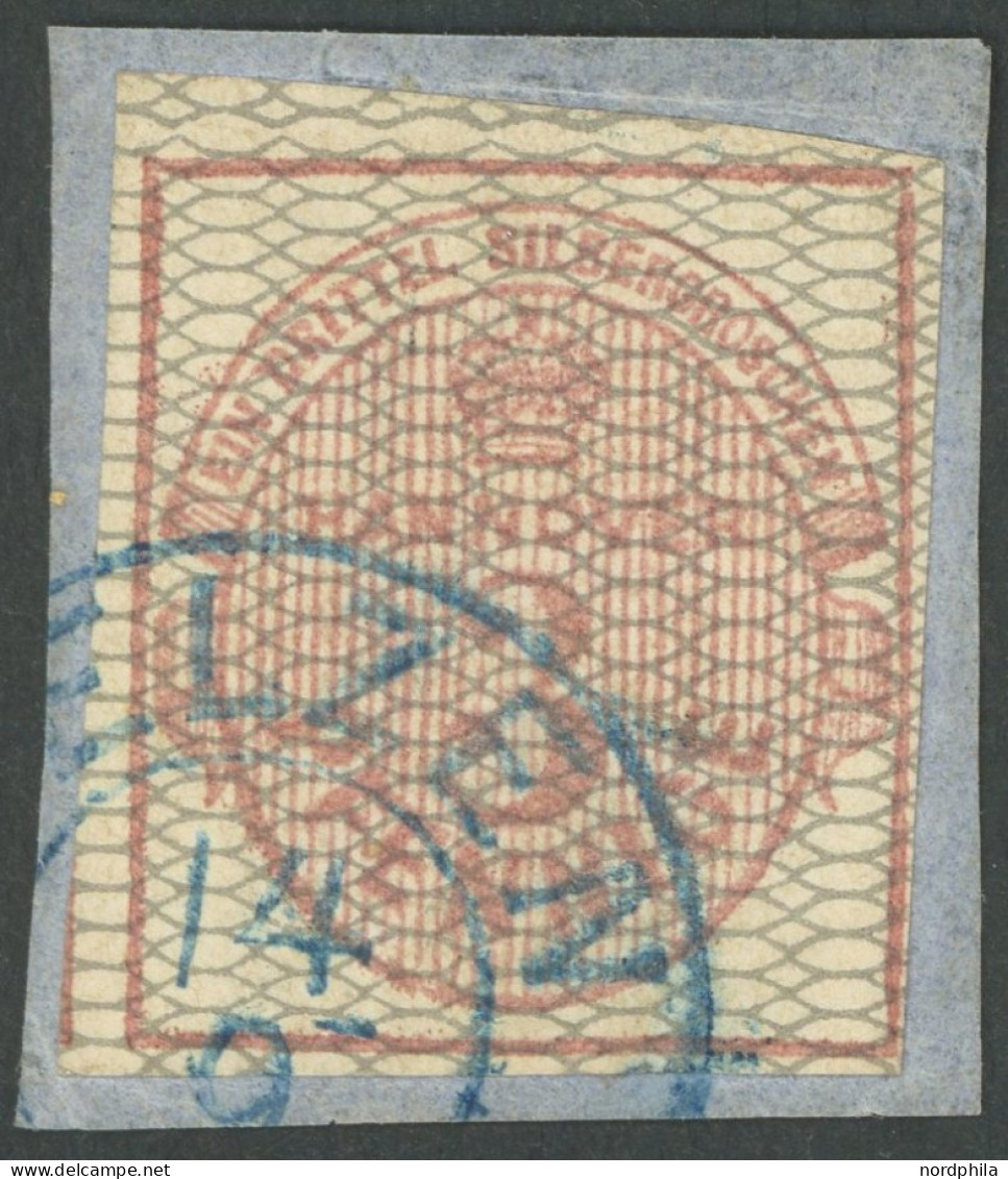 HANNOVER 8b BrfStk, 1856, 3 Pf. Karmin, Grau Genetzt, Blauer K2 OELZEN, Prachtbriefstück, Gepr. Pfenninger, Mi. 450.- - Hanovre