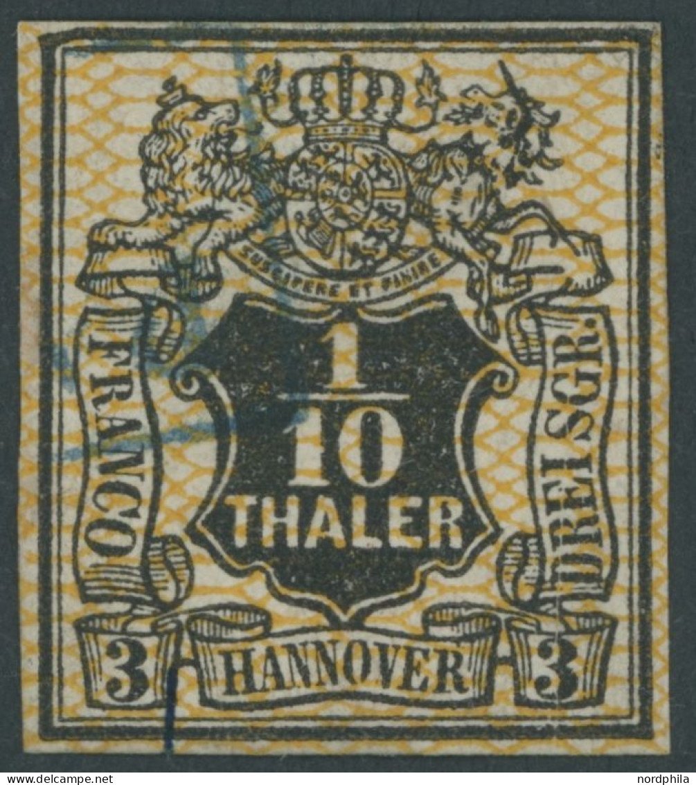 HANNOVER 12I O, 1856, 1/10 Th. Schwarz/orangegelb Mit Plattenfehler Huf Des Einhorns Fehlt, Pracht, Mi. 250.- - Hanovre