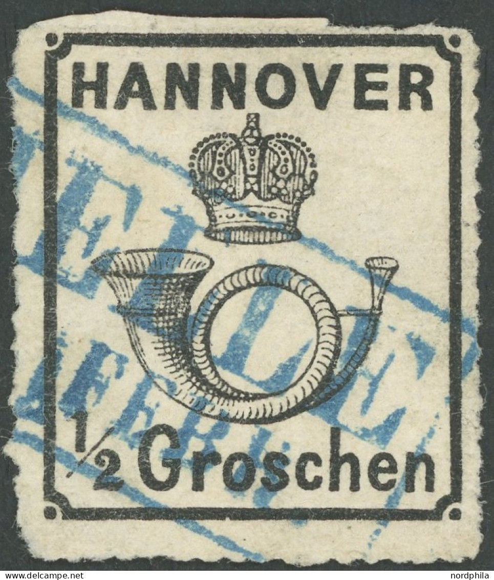 HANNOVER 22y O, 1864, 1/2 Gr. Schwarz, Blauer R2 MELLE, üblicher Durchstich, Pracht, Gepr. Pfenninger, Mi. 350.- - Hanover