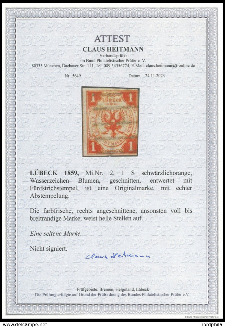 LÜBECK 2 O, 1859, 1 S. Schwärzlichorange, Fotoattest Heitmann: Die Farbfrische, Rechts Angeschnittene, Ansonsten Voll Bi - Luebeck