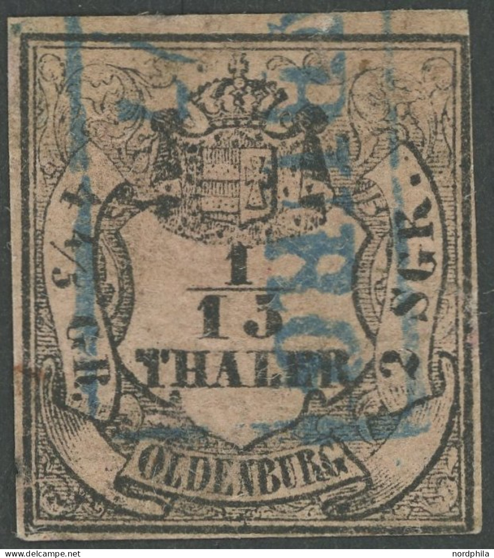 OLDENBURG 3III O, 1859, 1/15 Th. Schwarz Auf Mattbräunlichrot, Type III, Feinst (oben Spalt), Kurzbefund Berger, Mi. 320 - Oldenburg