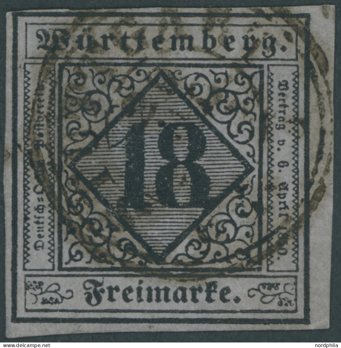 WÜRTTEMBERG 5I O, 1851, 18 Kr. Schwarz Auf Bläulichviolett, Type I, Schwarzer K3, Oben Links Etwas Knapp Sonst Voll-brei - Autres & Non Classés