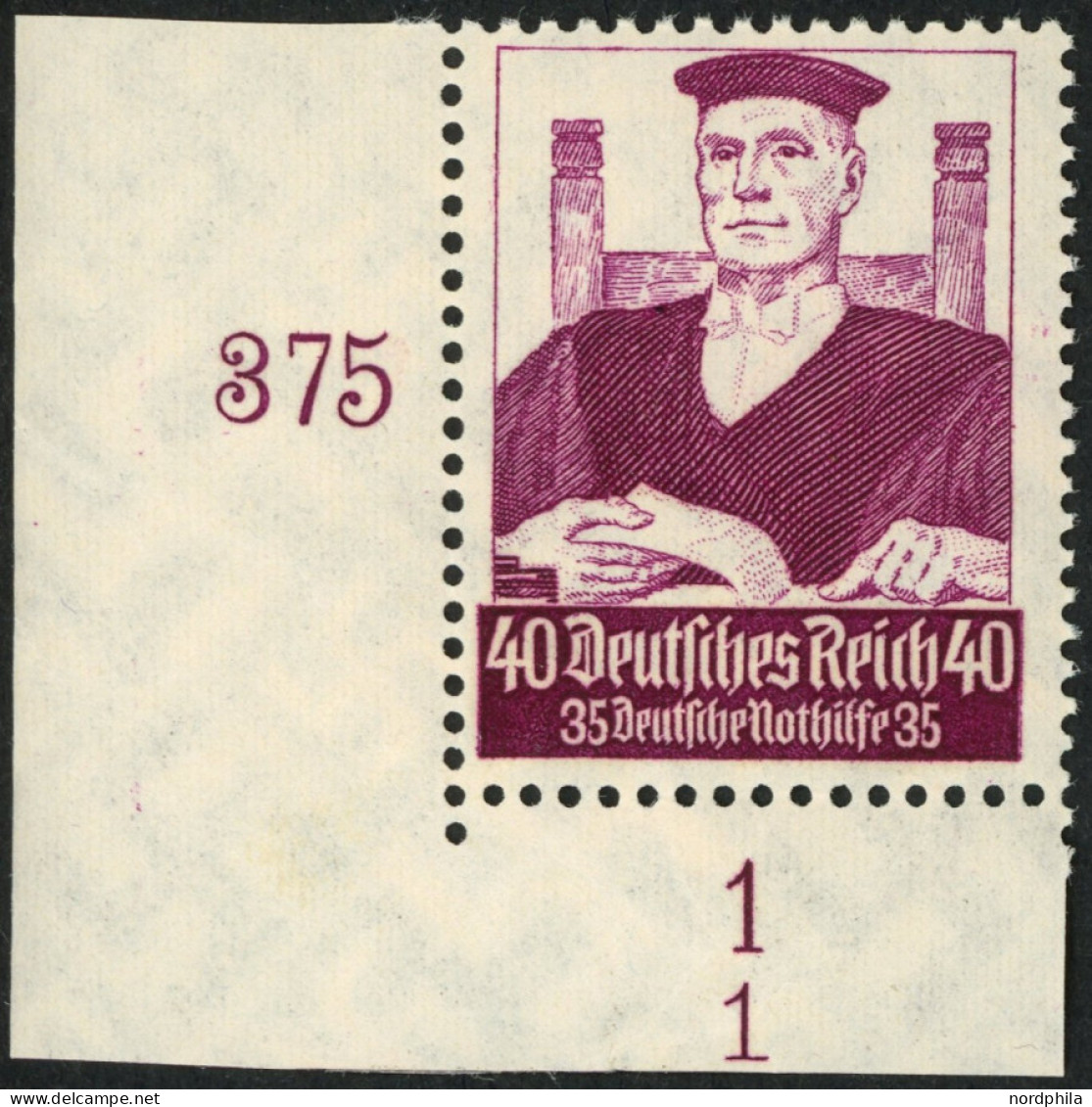 Dt. Reich 564 , 1934, 40 Pf. Stände, Untere Linke Bogenecke Mit Form Nr. 1, Bogenrand Teils Stark Haftend, Marke Postfri - Autres & Non Classés