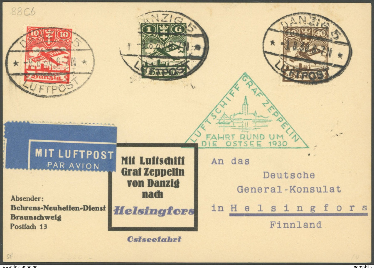 ZULEITUNGSPOST 88 BRIEF, Danzig: 1930, Ostseefahrt, Private Luftschiffkarte, Pracht, Sieger Unbekannt!, Ohne Ankunftsste - Poste Aérienne & Zeppelin