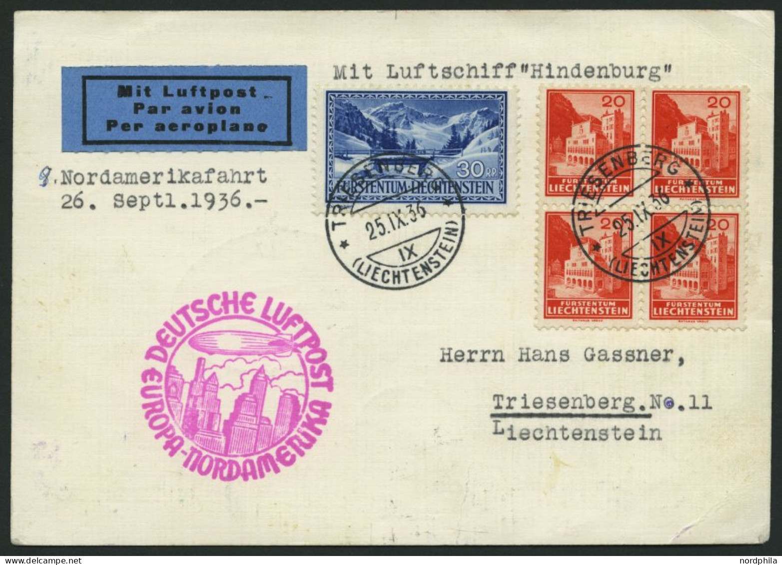 ZULEITUNGSPOST 439 BRIEF, Liechtenstein: 1936, 9. Nordamerikafahrt, Karte Feinst - Zeppelins