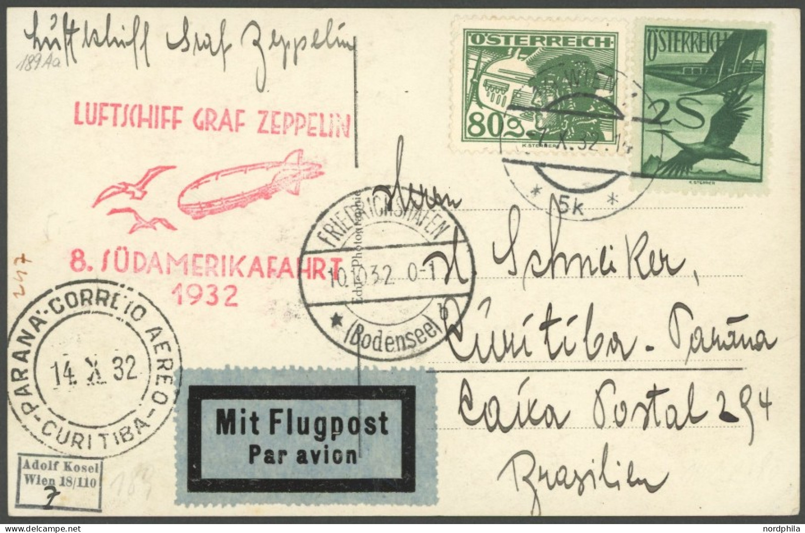 ZULEITUNGSPOST 189 BRIEF, Österreich: 1932, 8. Südamerikafahrt, Prachtkarte - Posta Aerea & Zeppelin