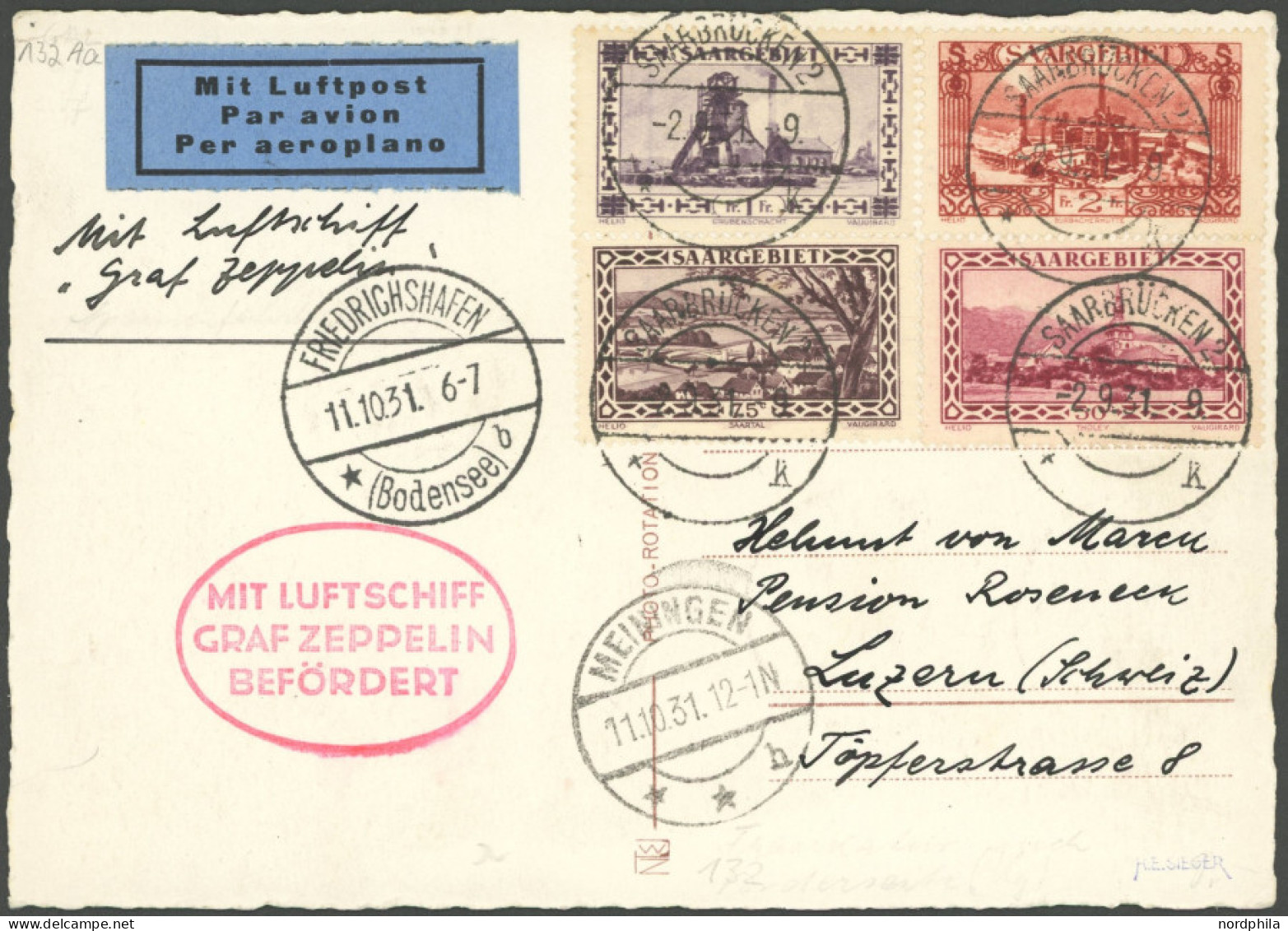 ZULEITUNGSPOST 132 BRIEF, Saargebiet: 1931, Fahrt Nach Meiningen, In Die Schweiz, Prachtkarte, Gepr. Sieger - Airmail & Zeppelin