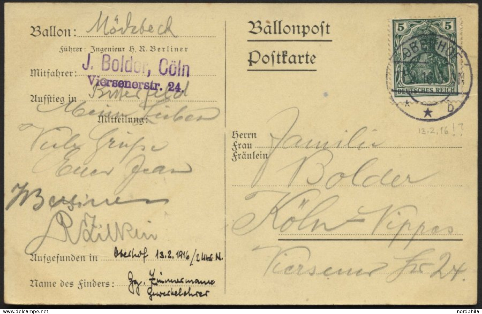 BALLON-FAHRTEN 1897-1916 13.2.1916, Berliner Verein Für Luftschiffahrt, Abwurf Vom Ballon MÖDEBECK, Postaufgabe In Oberh - Montgolfières