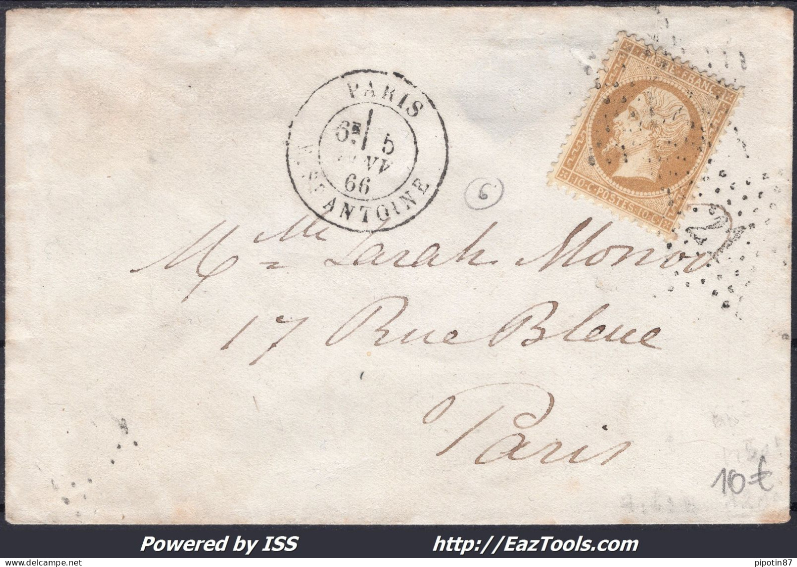 FRANCE N°21 SUR LETTRE AVEC ETOILE DE PARIS 21 + CAD R. ST ANTOINE DU 05/01/1866 - 1862 Napoléon III.