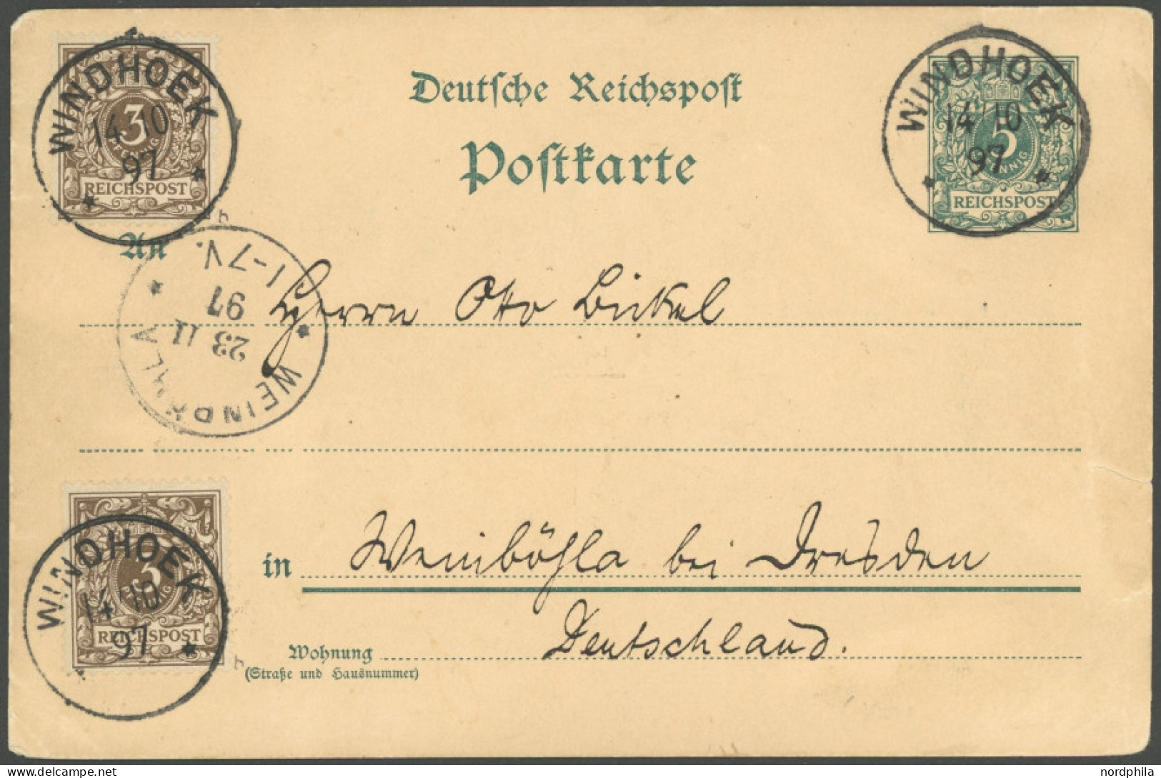 DSWA M 45b BRIEF, 1897, Stempel WINDHOEK Auf 5 Pf. Ganzsachenkarte Mit 2-mal 3 Pf. Mittelbraun Nach Walinböhla, Karte Re - Sud-Ouest Africain Allemand