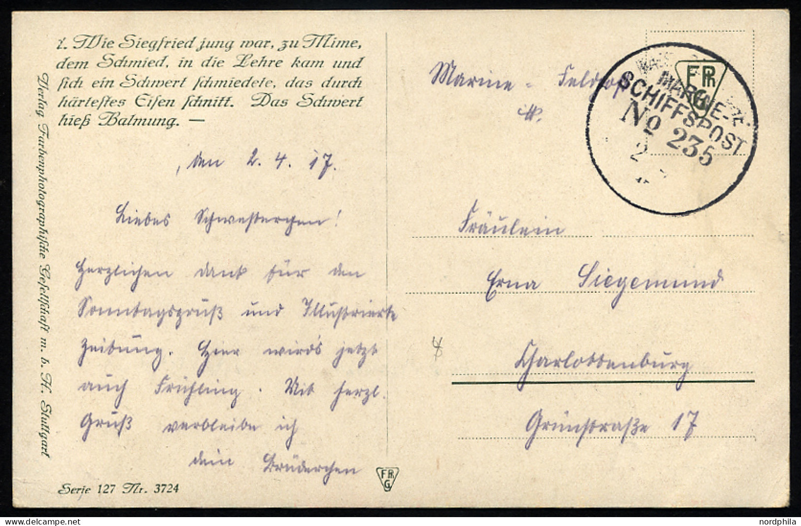 MSP VON 1914 - 1918 235 (2. Halbflottille Der Handelsschutzflottille), 2.4.1917, Feldpost-Künstlerkarte Nach Charlottenb - Schiffahrt