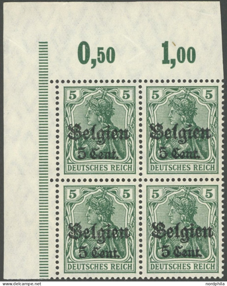 LANDESPOST IN BELGIEN 12IaZa , 1916, 5 C. Auf 5 Pf. Opalgrün Friedensdruck, Im Oberen Linken Eckrandviererblock, Dabei F - Besetzungen 1914-18