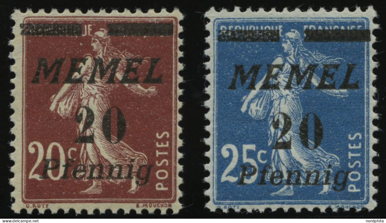 MEMELGEBIET 56/7 , 1922, 20 Pf. Auf 20 C. Graubraun Und 20 Pf. Auf 25 C. Blau, 2 Postfrische Prachtwerte, Mi. 90.- - Memelgebiet 1923