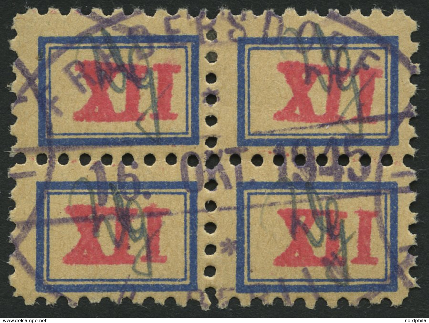 FREDERSDORF Sp 109b VB O, 1945, XII Pf., Rahmengröße 14x9.5 Mm, Wertziffer Mittelrosa, Mit Signum, Im Viererblock, Prach - Postes Privées & Locales