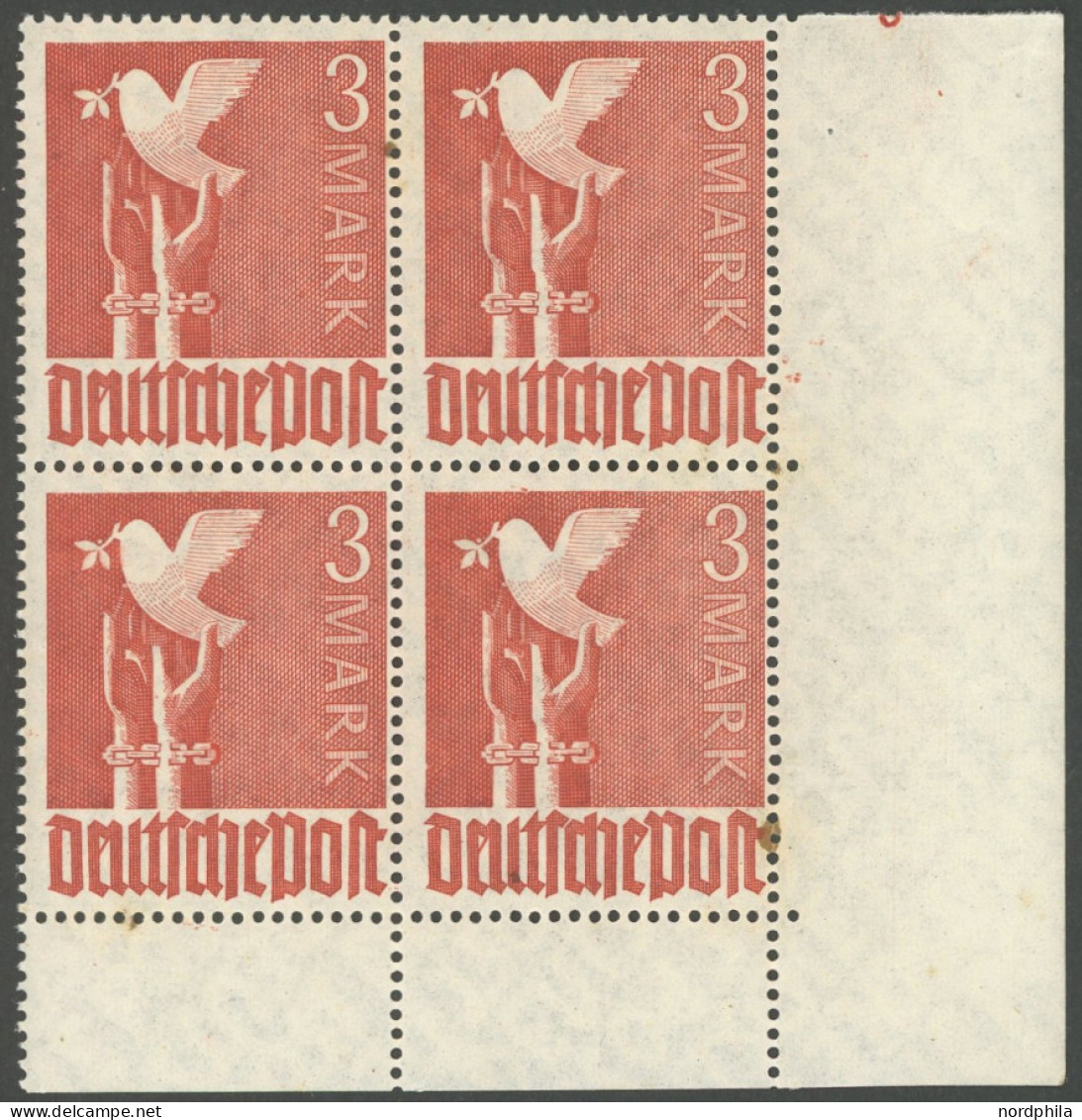 ALLIIERTE BES. 961II , 1947, 3 M. Bräunlichrot Im Unteren Rechten Eckrandviererblock, Feld 50 Mit Abart Strich Am Bildra - Autres & Non Classés