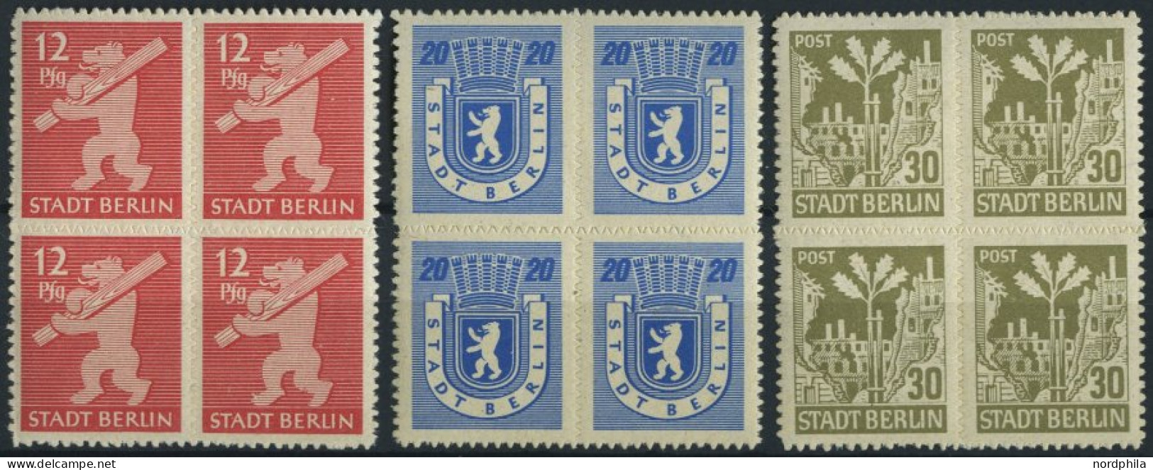 BERLIN UND BRANDENBURG 5-7B VB , 1945, 12 - 30 Pf. Berliner Bär, Durchstochen, Je Im Viererblock, Pracht, Gepr. Ströh, M - Sonstige & Ohne Zuordnung