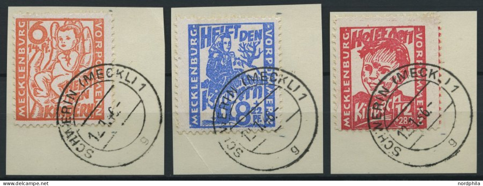 MECKLENBURG-VORPOMMERN 26-28a BrfStk, 1945, Kinderhilfe, Prachtsatz Auf Briefstücken, Gepr. Kramp, Mi. (180.-) - Autres & Non Classés
