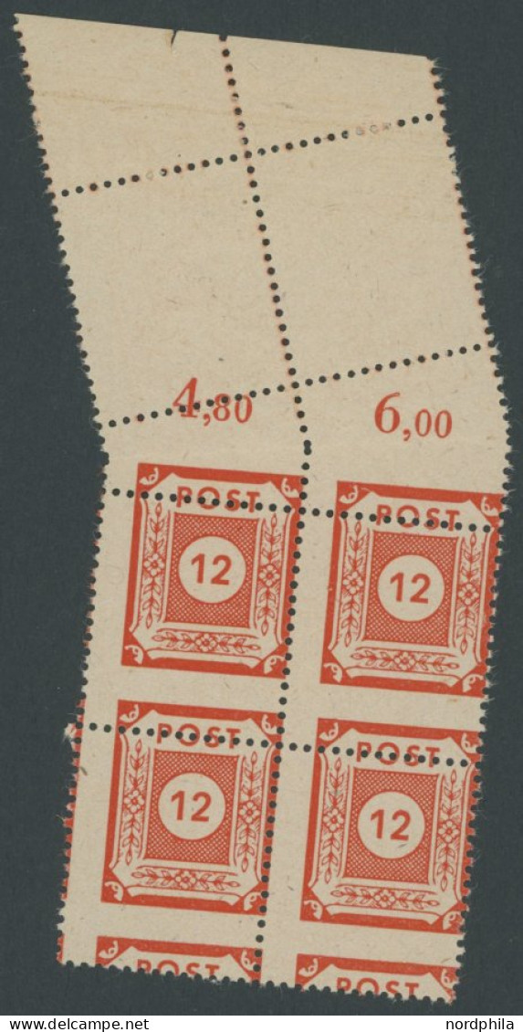 OST-SACHSEN 60aL , 1946, 12 Pf. Orangerot Im Viererblock Vom Oberrand, Dabei 2x Komplettes Leerfeld, Feinst, Kurzbefund  - Sonstige & Ohne Zuordnung