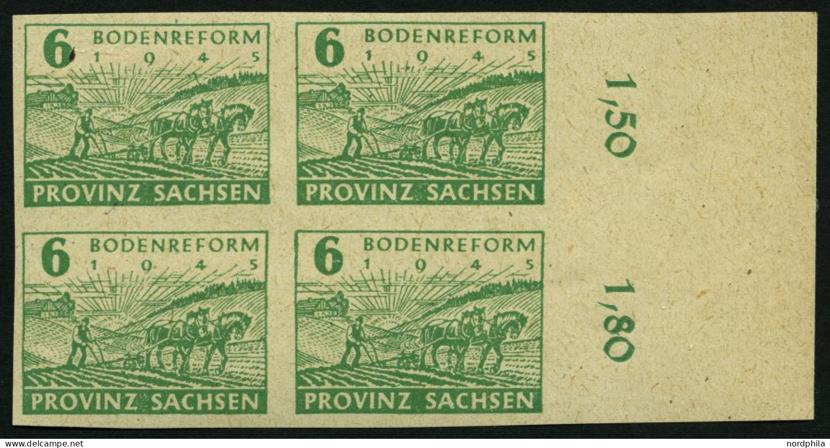 PROVINZ SACHSEN 85wb , 1945, 6 Pf. Lebhaftgrün Im Randviererblock, Pracht, Gepr. Schulz, Mi. 80.- - Autres & Non Classés