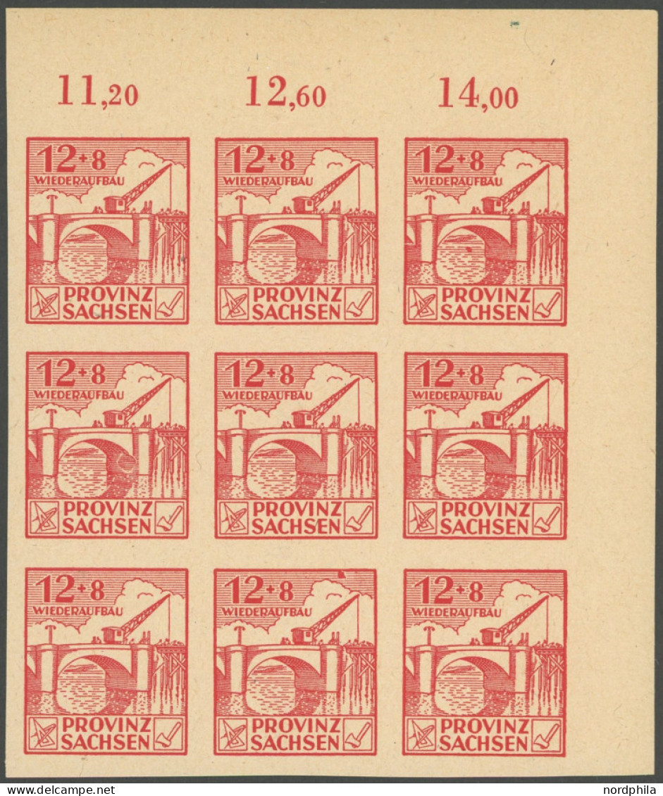 PROVINZ SACHSEN 88BIX , 1946 12 Pf. Wiederaufbau, Ungezähnt, Im Neunerblock Mit Plattenfehler Farbpunkt Im Oberen Marken - Sonstige & Ohne Zuordnung