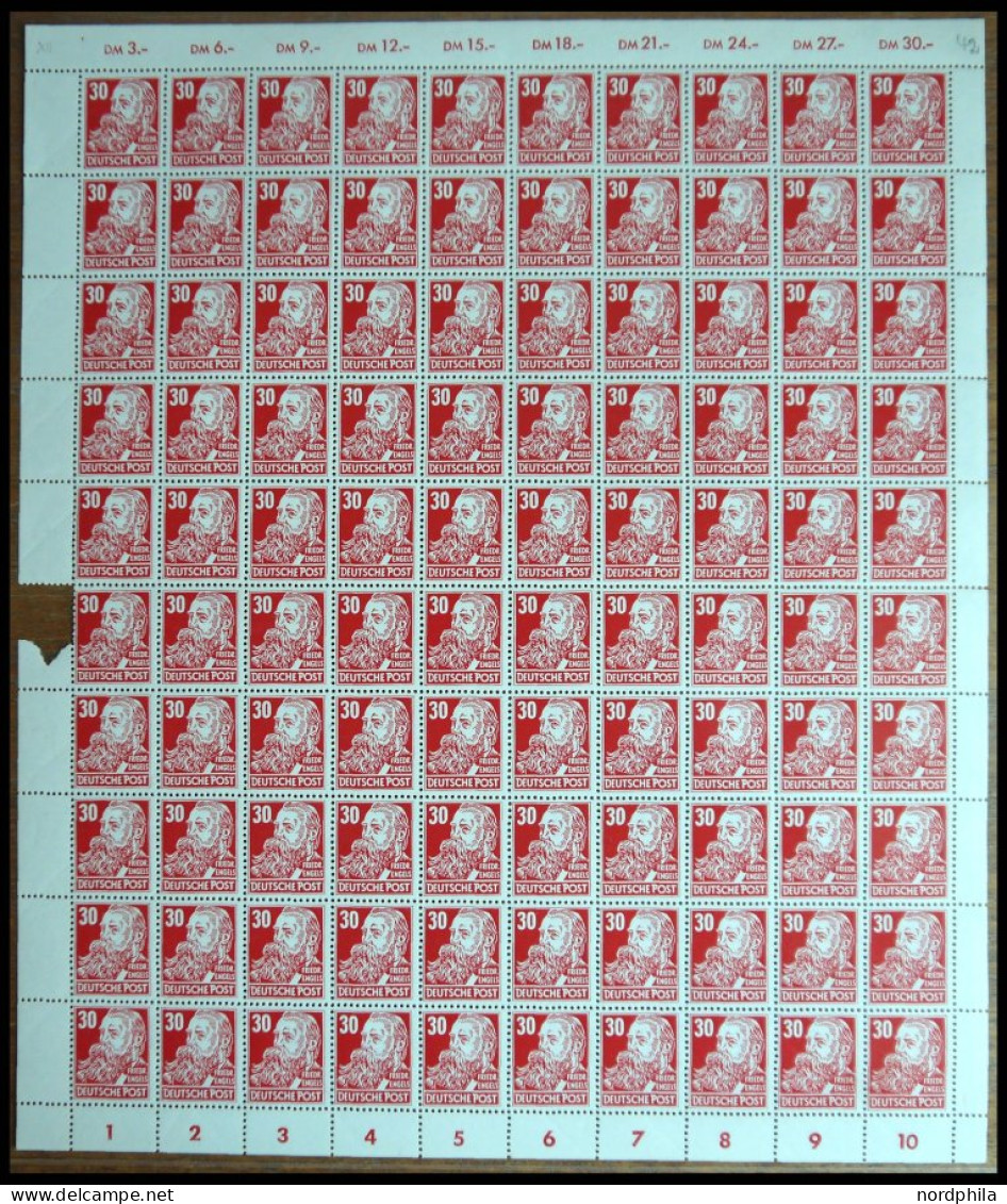 DDR 335vaXII , 1953, 30 Pf. Rot Engels, Gestrichenes Papier, Wz. 2XII, Im Bogen (100), Mittig Etwas Angetrennt, Pracht,  - Gebraucht