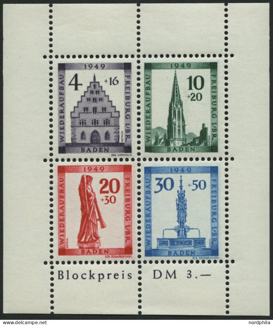 BADEN Bl. 1A , 1949, Block Freiburg, Gezähnt, Pracht, Mi. 75.- - Other & Unclassified