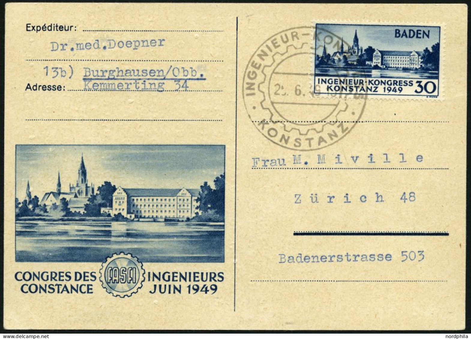 BADEN 46I BRIEF, 1949, 30 Pf. Konstanz I, Mit Sonderstempel Auf Sonderkarte In Die Schweiz, Pracht - Other & Unclassified