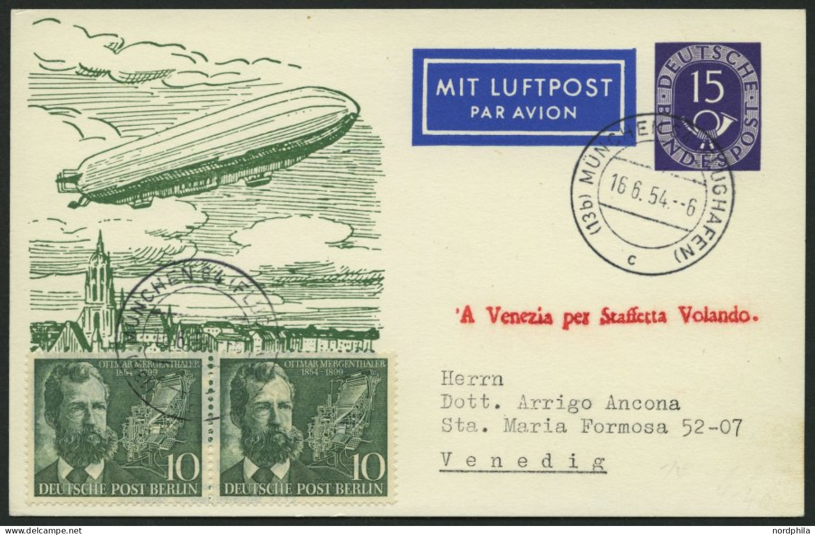 GANZSACHEN PP 4/2 BRIEF, 1952, Privatpostkarte 15 Pf. Posthorn, 40 Jahre Deutsche Luftpost, Mit 20 Pf. Zusatzfrankatur N - Autres & Non Classés