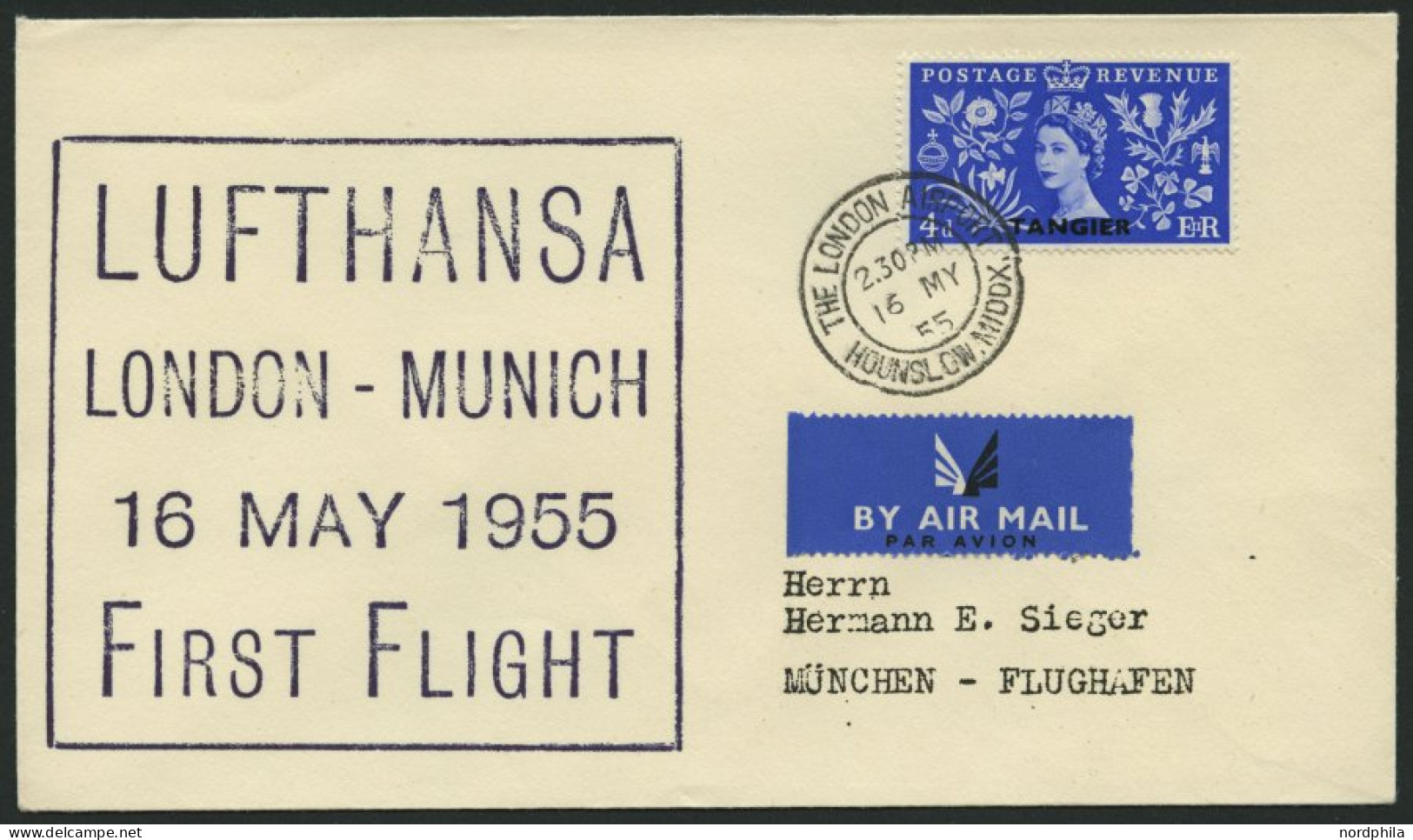 DEUTSCHE LUFTHANSA 29 BRIEF, 16.5.1955, London-München, Schwarz-violetter Stempel, R!, Frankiert Mit Brit.Post In Tanger - Briefe U. Dokumente