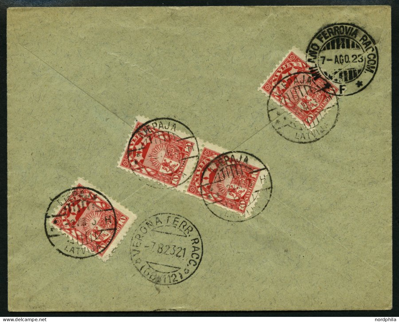 LETTLAND 93 BRIEF, 1923, 10 S. Karmin, 4x Als Mehrfachfrankatur Rückseitig Auf Einschreibbrief Von LIEPAJA Nach Italien, - Latvia