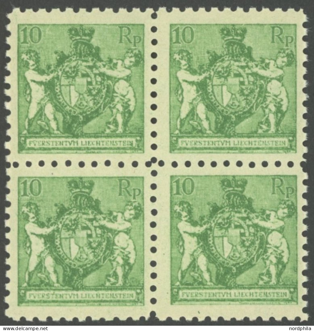 LIECHTENSTEIN 50A VB , 1921, 10 Rp. Dunkelgelblichgrün, Gezähnt L 91/2, Im Viererblock, Postfrisch, Pracht, Mi. (340.-) - Autres & Non Classés