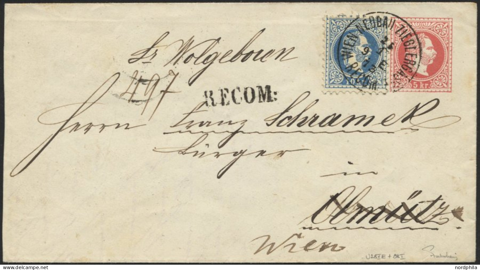 ÖSTERREICH 38I BRIEF, 1873, 10 Kr. Blau, Grober Druck, Als Zusatzfrankatur Auf 5 Kr. Ganzsachenumschlag (U 28IIE), K1 WI - Gebraucht