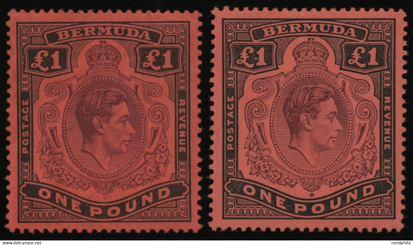 BERMUDA-INSELN 116b , 1943, 1 £ Schwarz/braunpurpur, Gezähnt 14, (SG 121b Und E), Falzrest, 2 Prachtwerte - Bermuda