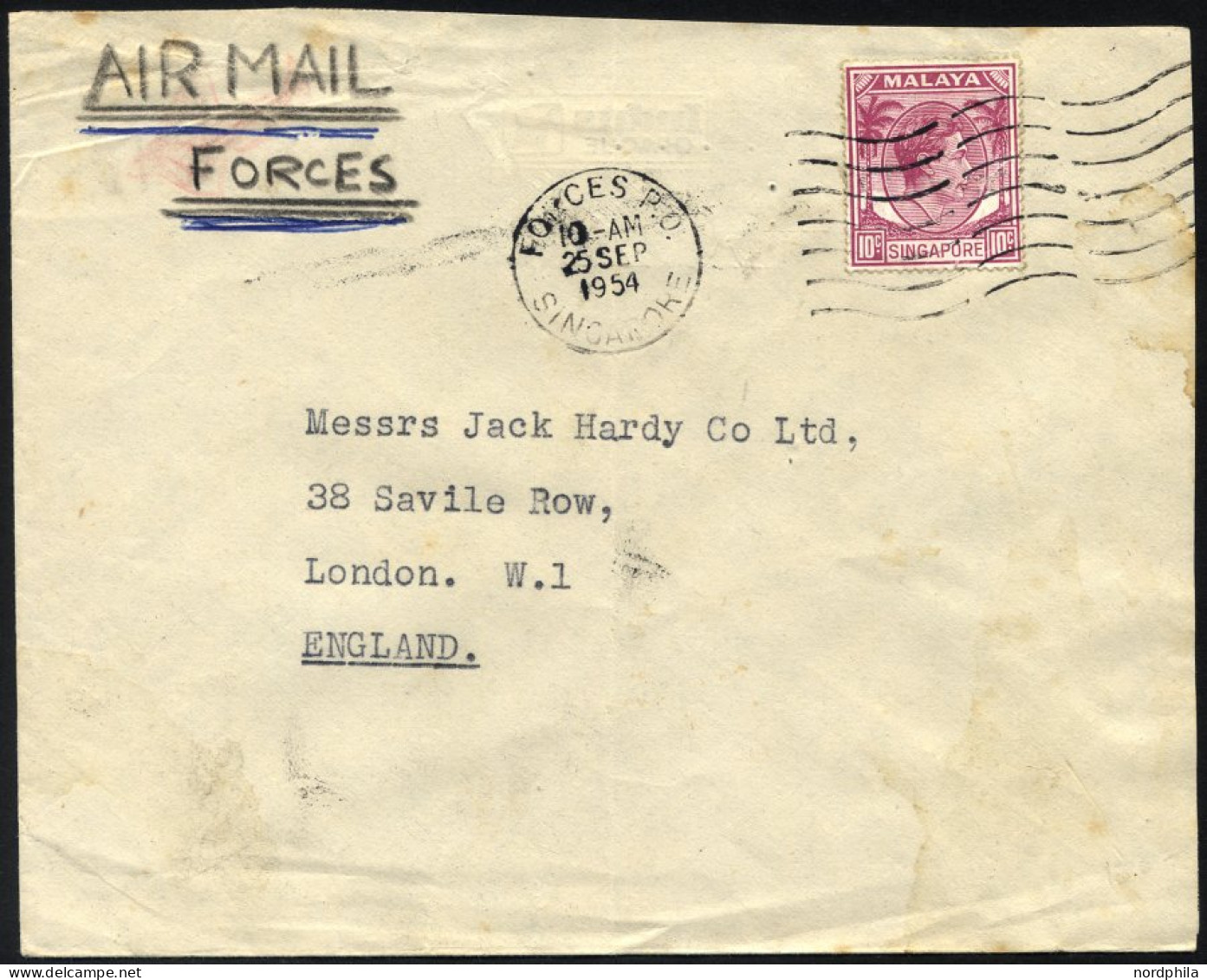 SINGAPUR 9 BRIEF, 1954, 10 C. König Georg VI Mit K1 FORCES P.O./Datum/SINGAPORE Auf Feldpostbrief Aus Dem Großen Hauptqu - Singapur (...-1959)