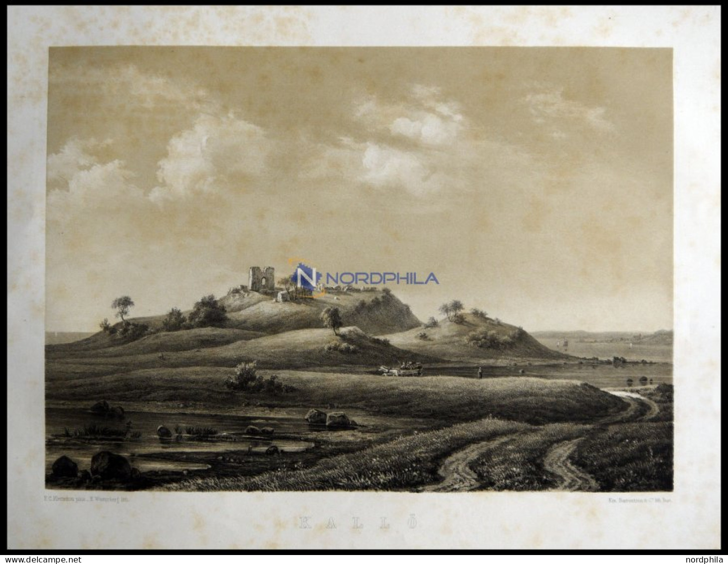 KALLÖ (Kallö), Landschaft Mit Burgruine, Lithographie Mit Tonplatte Von E. Westerberg Nach F.C. Kierschou Bei Emil Baere - Lithographies