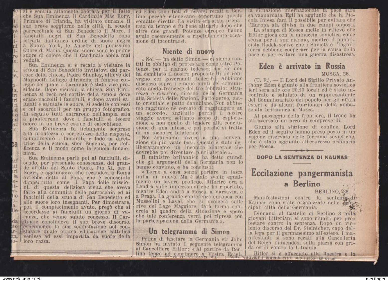 Vatikan Vatican 1935 Newspaper 12½c To NULAND Netherlands L'OSSERVATORE ROMANO Unusual - Lettres & Documents
