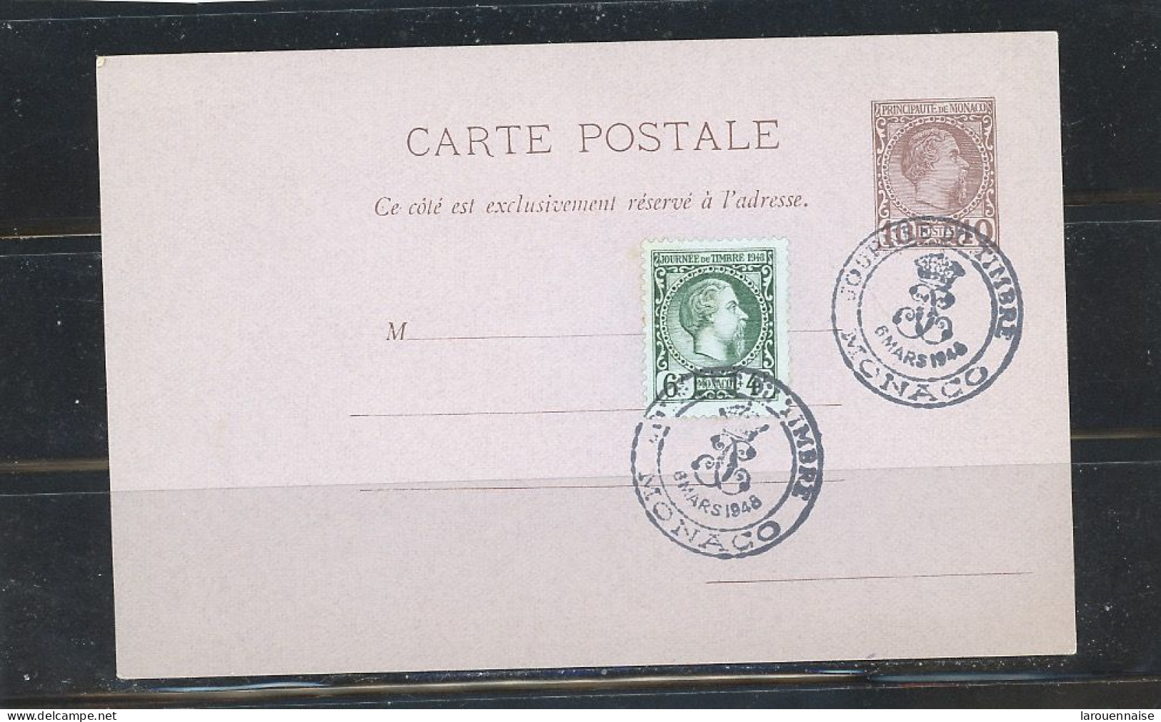 MONACO -ENTIER - CP-TYPE CHARLES III-N°3 -10 C BRUN /LILAS + N°301 OBLITERATION TEMPORAIRE JOURNÉE DU TIMBRE 1948 - Postal Stationery