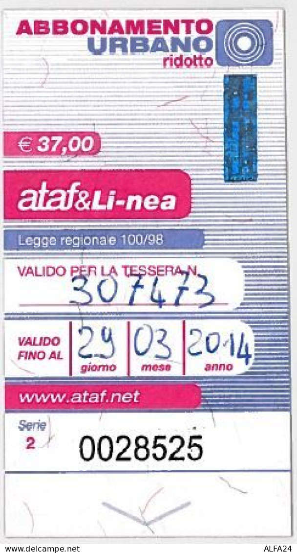 ABBONAMENTO BUS USATO ATAF FIRENZE RIDOTTO 37E (525 - Europa