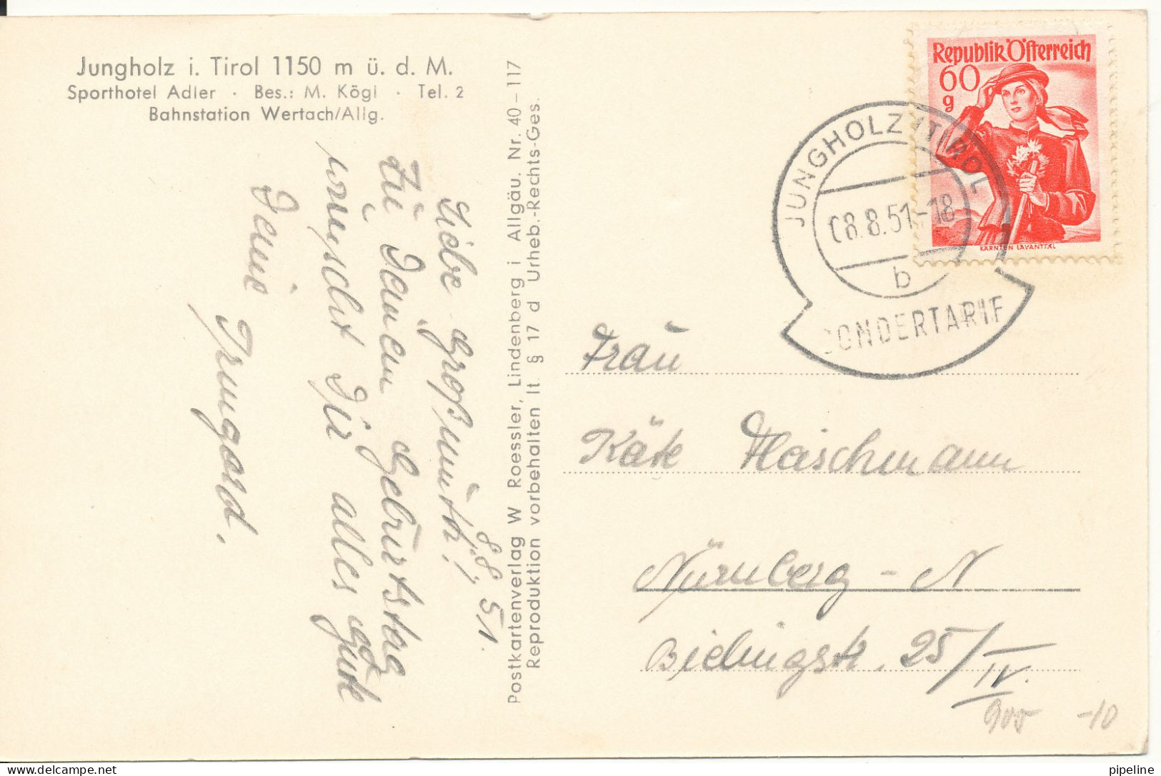 Austria Postcard Sent To Germany 8-8-1951 (Jungholz) With Special Posrmark SONDERTARIF - Jungholz