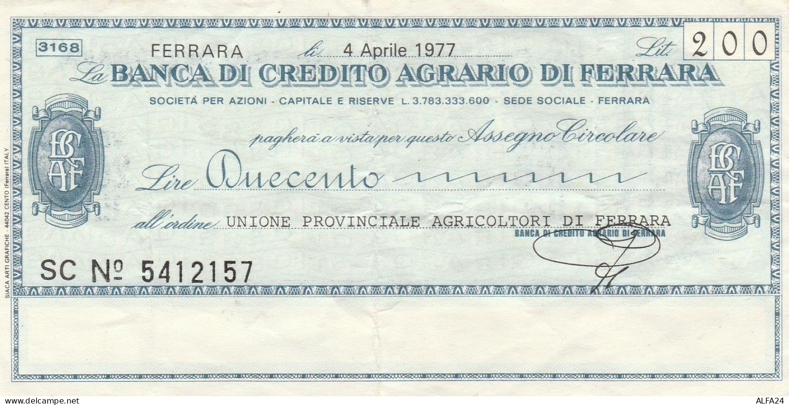 MINIASSEGNO BANCA CREDITO FE L.200 UN PROV AGR FE CIRCOLATO (RY5665 - [10] Cheques En Mini-cheques