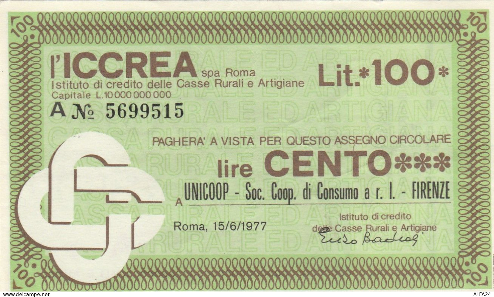 MINIASSEGNO ICCREA L.100 UNICOOP CIRCOLATO (RY5662 - [10] Cheques En Mini-cheques