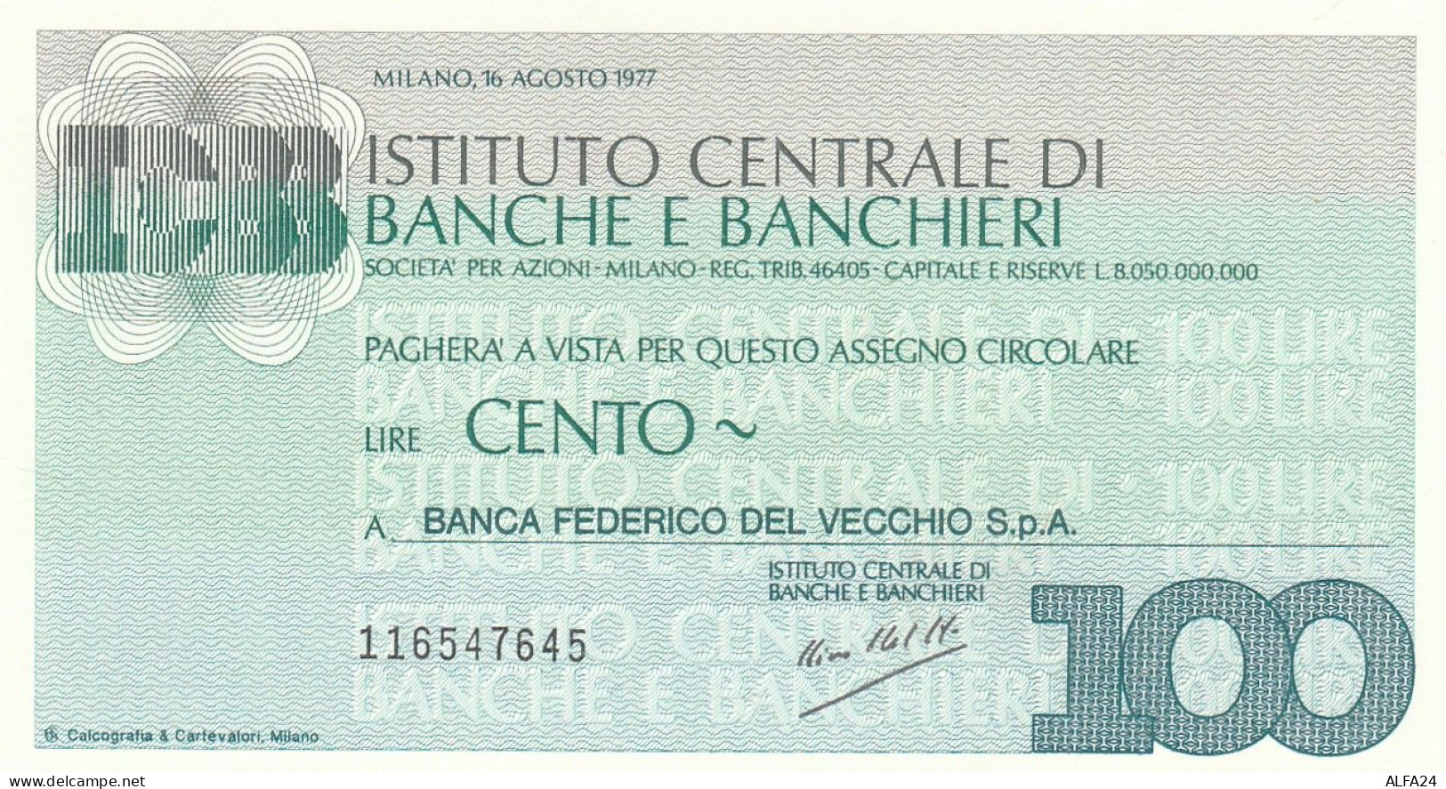 MINIASSEGNO ICBB L.100 BANCA DEL VECCHIO FDS (RY5583 - [10] Cheques Y Mini-cheques