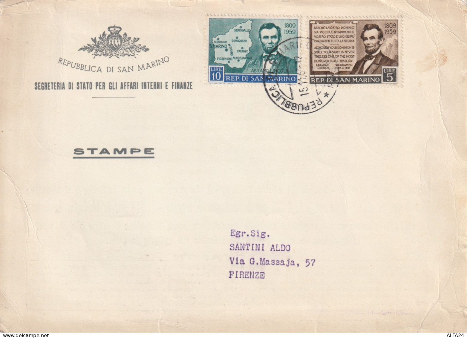 LETTERA SAN MARINO 1959 10+5 LINCOLN (RY7263 - Briefe U. Dokumente