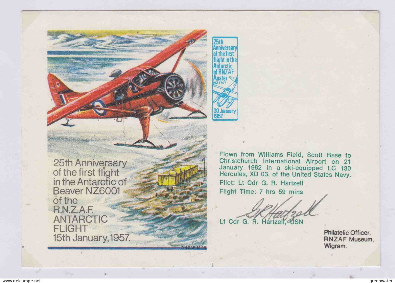 Ross Dependency 25th. Ann. 1st Flight In The Antarctic Of Beaver NZ6001 Signature Pilot (AS225A) - Lettres & Documents