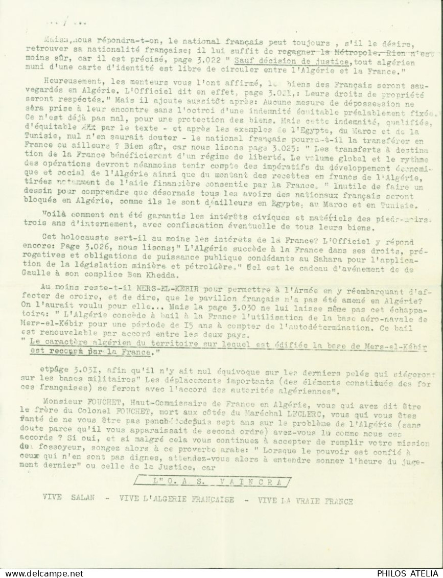 Guerre D'Algérie OAS O.A.S. Organisation Armée Secrète Zone III Région Oran Tract N°605 Suite Accords D'Evian - War Of Algeria