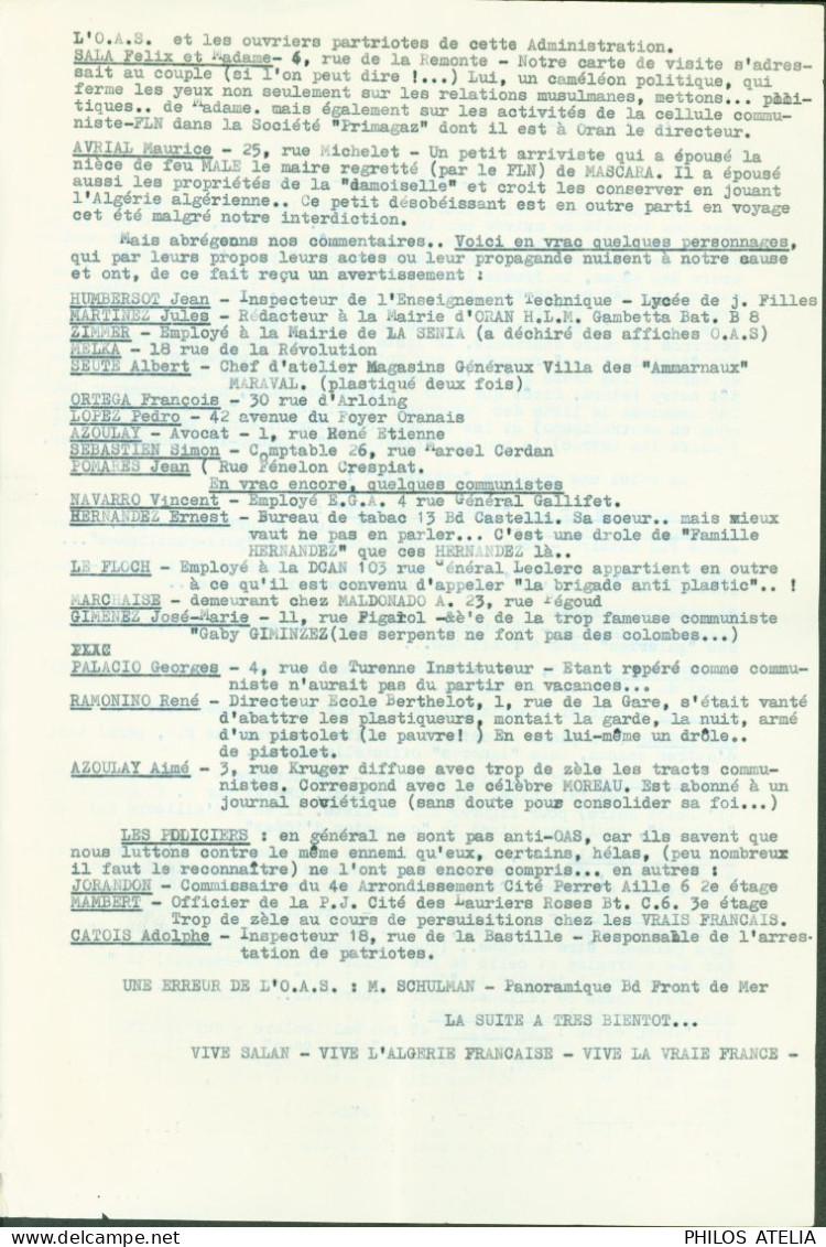 Guerre D'Algérie OAS O.A.S. Organisation Armée Secrète Zone III Région Oran Tract N°535 Les Plastiqués - War Of Algeria