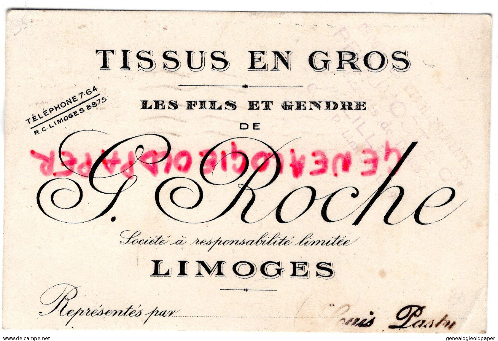 87- LIMOGES - SOCIETE A RESPONSABILITE G. ROCHE  FILS ET GENDRE- 1938- TISSUS- LOUIS PASTY-M-MME LEBRAU ST SAINT VITTE - Textile & Clothing