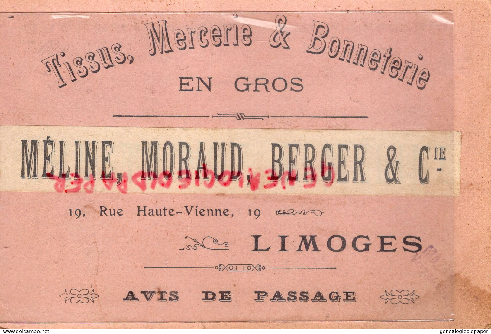 87- LIMOGES - MELINE MORAUD BERGER- MAGASIN TISSUS MERCERIE BONNETERIE-19 RUE HAUTE VIENNE - Textile & Vestimentaire