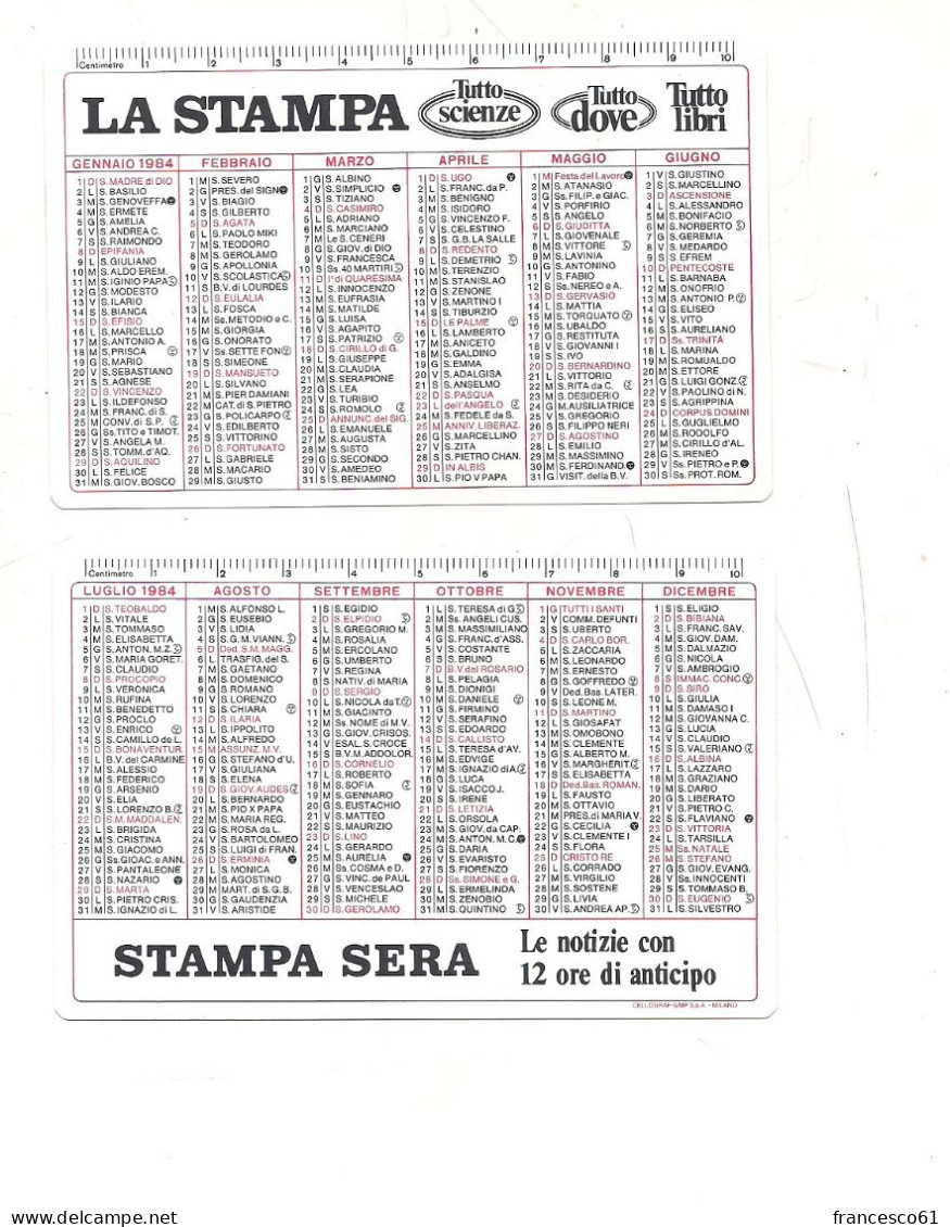 P115 Calendarietto Semestrino Plastificato 1984 La Stampa GIORNALE QUOTIDIANO - Small : 1981-90