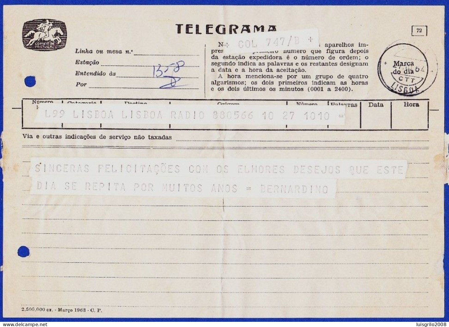 Telegram/ Telegrama - Lisboa > Lisboa -|- Postmark - Benfica. Lisboa. 1964 - Lettres & Documents